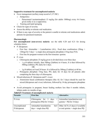 353
Supportive treatment for uncomplicated malaria
 Fever management (axillary temp record of ≥37.50C)
o Antipyretics
 Paracetamol (acetaminophen) 15 mg/kg (for adults 1000mg) every 4-6 hours,
given orally or as a suppository.
o Fanning and tepid sponging
 Check for signs of severity
 Assess the ability to tolerate oral medication.
 If there is any sign of severity or the patient is unable to tolerate oral medications admit
patients for parenteral treatment.
Pharmacologic
For uncomplicated (non-severe) malaria: see the table 8.20 and 8.21 for dosing
schedules below
 P. falciparum:
o First line: Artemether + Lumefantrine (AL), fixed dose combination (20mg +
120mg) for 3 days + a single dose primaquine phosphate (15mg base P.O).
o First line for pregnant women in the first trimester: quinine
 P. vivax
o Chloroquine phosphate 25 mg/kg given in divided doses over three days
 1 g (4 tablets) initially, then 500mg (2tablets) in 6 hours, It is then followed by
500mg (2ablets), PO, daily for 2 days.
OR
 1g (4 tablets) at 0 and 24 hours. It is followed by 500mg (2 tablets) at 48 hrs.
o Primaquine phosphate 15mg base, PO, daily for 14 days for all patients after
completing the three days of chloroquine.
 Mixed infections (P. falciparum and P. vivax)
o Artemisinin based combination therapies (like AL for 3 days) should be used for
mixed (falciparum and vivax) infections, followed by 14 day primaquine phosphate
.
 Avoid primaquine in pregnant, breast feeding mothers less than 6 months infants,
infants under six months of age.
Table8.27:Treatment of uncomplicated malaria
Parasite First line Alternative
P.vivax Chloroquine for 3 days +
primaquine (PQ) for 14 days
Artemether-lumefantrine/oral
quinine + PQ for 14 days
Uncomplicated
P.falciparum
Artemether-lumefantrine for3
days + single dose PQ
Other ACTs (3 days) if available
or oral quinine + single dose PQ
 
