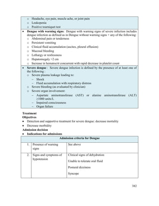 382
o Headache, eye pain, muscle ache, or joint pain
o Leukopenia
o Positive tourniquet test
 Dengue with warning signs: Dengue with warning signs of severe infection includes
dengue infection as defined as in Dengue without warning signs + any of the following:
o Abdominal pain or tenderness
o Persistent vomiting
o Clinical fluid accumulation (ascites, pleural effusion)
o Mucosal bleeding
o Lethargy or restlessness
o Hepatomegaly >2 cm
o Increase in hematocrit concurrent with rapid decrease in platelet count
 Severe dengue : Severe dengue infection is defined by the presence of at least one of
the following :
o Severe plasma leakage leading to:
 Shock
 Fluid accumulation with respiratory distress
o Severe bleeding (as evaluated by clinician)
o Severe organ involvement:
 Aspartate aminotransferase (AST) or alanine aminotransferase (ALT)
≥1000 units/L
 Impaired consciousness
 Organ failure
Treatment
Objectives
 Detection and supportive treatment for severe dengue: decrease mortality
 Decrease morbidity
Admission decision
 Indications for admissions
Admission criteria for Dengue
1. Presence of warning
signs
See above
2. Signs and symptoms of
hypotension
Clinical signs of dehydration
Unable to tolerate oral fluid
Postural dizziness
Syncope
 