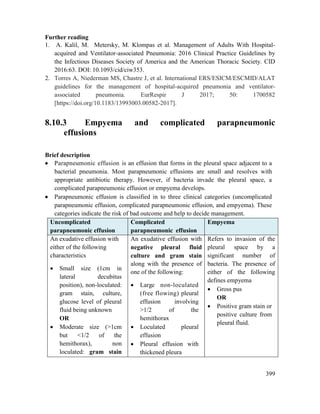 399
Further reading
1. A. Kalil, M. Metersky, M. Klompas et al. Management of Adults With Hospital-
acquired and Ventilator-associated Pneumonia: 2016 Clinical Practice Guidelines by
the Infectious Diseases Society of America and the American Thoracic Society. CID
2016:63. DOI: 10.1093/cid/ciw353.
2. Torres A, Niederman MS, Chastre J, et al. International ERS/ESICM/ESCMID/ALAT
guidelines for the management of hospital-acquired pneumonia and ventilator-
associated pneumonia. EurRespir J 2017; 50: 1700582
[https://doi.org/10.1183/13993003.00582-2017].
8.10.3 Empyema and complicated parapneumonic
effusions
Brief description
 Parapneumonic effusion is an effusion that forms in the pleural space adjacent to a
bacterial pneumonia. Most parapneumonic effusions are small and resolves with
appropriate antibiotic therapy. However, if bacteria invade the pleural space, a
complicated parapneumonic effusion or empyema develops.
 Parapneumonic effusion is classified in to three clinical categories (uncomplicated
parapneumonic effusion, complicated parapneumonic effusion, and empyema). These
categories indicate the risk of bad outcome and help to decide management.
Uncomplicated
parapneumonic effusion
Complicated
parapneumonic effusion
Empyema
An exudative effusion with
either of the following
characteristics
 Small size (1cm in
lateral decubitus
position), non-loculated:
gram stain, culture,
glucose level of pleural
fluid being unknown
OR
 Moderate size (>1cm
but <1/2 of the
hemithorax), non
loculated: gram stain
An exudative effusion with
negative pleural fluid
culture and gram stain
along with the presence of
one of the following:
 Large non-loculated
(free flowing) pleural
effusion involving
>1/2 of the
hemithorax
 Loculated pleural
effusion
 Pleural effusion with
thickened pleura
Refers to invasion of the
pleural space by a
significant number of
bacteria. The presence of
either of the following
defines empyema
 Gross pus
OR
 Positive gram stain or
positive culture from
pleural fluid.
 