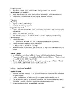 415
Clinical features
 Abdominal cramps, fever, and mucoid or bloody diarrhea with tenesmus.
Investigations and diagnosis
 Direct stool examination which mostly reveals abundance of leukocytes (pus cells)
 Stool culture, if available, can be used to guide treatment selection
Treatment
Objective
 Replace lost fluid and electrolyte
 Eradicate the infecting organism
Supportive treatment
 Correct dehydration with ORS (mild to moderate dehydration) or IV fluids (severe
dehydration)
 Relieve pain and fever if necessary
 Anti-motility agents like loperamide should be avoided in patients with dysentery.
Pharmacologic
 Empiric treatment
o Ciprofloxacin 500mg PO BID for 3-5 days are empiric first choice agents.
 Empiric treatment for Severe cases (septicemia) :
o Ceftriaxone 2g IV/day for 7-10 days
 Pregnant women: IV ceftriaxone 2gm IV/day for 3-5 days (mild to moderate) or 7-10
disease
Further reading
1. M. S. Riddle, H. L. DuPont, and B. A. Connor. ACG Clinical Guideline: Diagnosis,
Treatment, and Prevention of Acute Diarrheal Infections in Adults. Am J Gastroenterol,
12 April 2016; doi: 10.1038/ajg.2016.126
2. Herbert L. DuPont. Acute Infectious Diarrhea in Immunocompetent Adults. N Engl J
Med 2014;370:1532-40.DOI: 10.1056/NEJMra1301069
8.12.1.2 Amebiasis (Intestinal)
Brief description
 Intestinal amebiasis is caused by the protozoa Entamoeba histolytica. Most infections
are asymptomatic.
 Clinical manifestations include amebic dysentery and extraintestinal disease (a
 The two common species of intestinal Entamoeba with identical morphology are E.
histolytica, E. dispar. E. dispar is generally considered nonpathogenic.
 Most symptomatic disease is caused by E. histolytica.
 