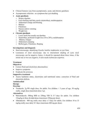 420
 Clinical features vary from asymptomatic, acute, and chronic giardiasis
 Asymptomatic infection : no symptoms but cyst shedding
 Acute giardiasis:
o Watery diarrhea
o Foul-smelling and fatty stools (steatorrhea), malabsoprption
o Abdominal cramps and bloating
o Malaise
o Flatulence
o Nausea and/or vomiting
o Weight loss
 Chronic giardiasis
o Loose stools but usually not diarrhea
o Steatorrhea, profound weight loss (10 to 20%), malabsorption
o Malaise, Fatigue
o Abdominal cramping
o Borborygmi, Flatulence, Burping
Investigations and diagnosis
 Stool microscopy: identifying Giardia lamblia trophozoite or cyst from
 Limitation of stool microscopy: due to intermittent shading of cysts stool
microscopy can be negative; hence, it should be repeated about three times, if the
initial one or two are negative. It also needs technician expertise.
Treatment
Objectives
 Correct fluid and electrolyte abnormalities
 Improve symptoms
 Eradicate the protozoa
Supportive treatment
 Assess hydration status, electrolytes and nutritional status: correction of fluid and
electrolyte deficits.
Antimicrobial
therapy
First line
 Tinidazole: 2g PO single dose, for adults. For children > 3 years of age, 50 mg/kg
orally, single dose (maximum dose 2 g).
Alternatives
 Metronidazole: 500mg BID or 250mg TID X 5-7 days for adults. For children
15mg/kg in three divided doses (maximum 250mg per dose).
 Albendazole: 400 mg orally once daily x 5 days for adults. For children 10 to 15
mg/kg orally once daily X 5 days (maximum 400 mg per dose).
 