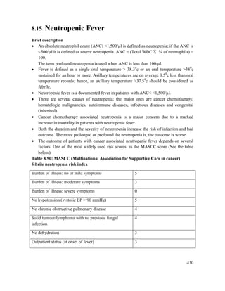 430
8.15 Neutropenic Fever
Brief description
 An absolute neutrophil count (ANC) <1,500/µl is defined as neutropenia; if the ANC is
<500/µl it is defined as severe neutropenia. ANC = (Total WBC X % of neutrophils) ÷
100.
The term profound neutropenia is used when ANC is less than 100/µl.
 Fever is defined as a single oral temperature > 38.30
c or an oral temperature >380
c
sustained for an hour or more. Axillary temperatures are on average 0.50
c less than oral
temperature records; hence, an axillary temperature >37.50
c should be considered as
febrile.
 Neutropenic fever is a documented fever in patients with ANC< <1,500/µl.
 There are several causes of neutropenia; the major ones are cancer chemotherapy,
hematologic malignancies, autoimmune diseases, infectious diseases and congenital
(inherited).
 Cancer chemotherapy associated neutropenia is a major concern due to a marked
increase in mortality in patients with neutropenic fever.
 Both the duration and the severity of neutropenia increase the risk of infection and bad
outcome. The more prolonged or profound the neutropenia is, the outcome is worse.
 The outcome of patients with cancer associated neutropenic fever depends on several
factors. One of the most widely used risk scores is the MASCC score (See the table
below)
Table 8.50: MASCC (Multinational Association for Supportive Care in cancer)
febrile neutropenia risk index
Burden of illness: no or mild symptoms 5
Burden of illness: moderate symptoms 3
Burden of illness: severe symptoms 0
No hypotension (systolic BP > 90 mmHg) 5
No chronic obstructive pulmonary disease 4
Solid tumour/lymphoma with no previous fungal
infection
4
No dehydration 3
Outpatient status (at onset of fever) 3
 