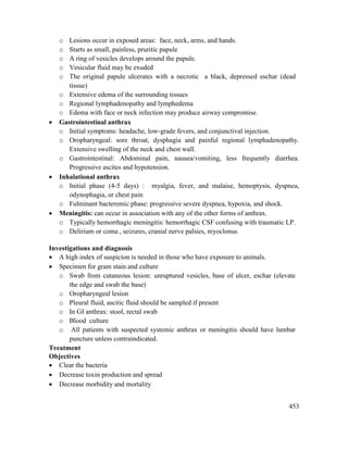 453
o Lesions occur in exposed areas: face, neck, arms, and hands.
o Starts as small, painless, pruritic papule
o A ring of vesicles develops around the papule.
o Vesicular fluid may be exuded
o The original papule ulcerates with a necrotic a black, depressed eschar (dead
tissue)
o Extensive edema of the surrounding tissues
o Regional lymphadenopathy and lymphedema
o Edema with face or neck infection may produce airway compromise.
 Gastrointestinal anthrax
o Initial symptoms: headache, low-grade fevers, and conjunctival injection.
o Oropharyngeal: sore throat, dysphagia and painful regional lymphadenopathy.
Extensive swelling of the neck and chest wall.
o Gastrointestinal: Abdominal pain, nausea/vomiting, less frequently diarrhea.
Progressive ascites and hypotension.
 Inhalational anthrax
o Initial phase (4-5 days) : myalgia, fever, and malaise, hemoptysis, dyspnea,
odynophagia, or chest pain
o Fulminant bacteremic phase: progressive severe dyspnea, hypoxia, and shock.
 Meningitis: can occur in association with any of the other forms of anthrax.
o Typically hemorrhagic meningitis: hemorrhagic CSF confusing with traumatic LP.
o Delirium or coma , seizures, cranial nerve palsies, myoclonus
Investigations and diagnosis
 A high index of suspicion is needed in those who have exposure to animals.
 Specimen for gram stain and culture
o Swab from cutaneous lesion: unruptured vesicles, base of ulcer, eschar (elevate
the edge and swab the base)
o Oropharyngeal lesion
o Pleural fluid, ascitic fluid should be sampled if present
o In GI anthrax: stool, rectal swab
o Blood culture
o All patients with suspected systemic anthrax or meningitis should have lumbar
puncture unless contraindicated.
Treatment
Objectives
 Clear the bacteria
 Decrease toxin production and spread
 Decrease morbidity and mortality
 
