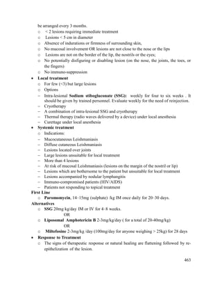 463
be arranged every 3 months.
o < 2 lesions requiring immediate treatment
o Lesions < 5 cm in diameter
o Absence of indurations or firmness of surrounding skin,
o No mucosal involvement OR lesions are not close to the nose or the lips
o Lesions are not on the border of the lip, the nostrils or the eyes;
o No potentially disfiguring or disabling lesion (on the nose, the joints, the toes, or
the fingers)
o No immuno-suppression
 Local treatment
o For few (<3) but large lesions
o Options
 Intra-lesional Sodium stibogluconate (SSG): weekly for four to six weeks . It
should be given by trained personnel. Evaluate weekly for the need of reinjection.
 Cryotherapy
 A combination of intra-lesional SSG and cryotherapy
 Thermal therapy (radio waves delivered by a device) under local anesthesia
 Curettage under local anesthesia
 Systemic treatment
o Indications:
 Mucocutaneous Leishmaniasis
 Diffuse cutaneous Leishmaniasis
 Lesions located over joints
 Large lesions unsuitable for local treatment
 More than 4 lesions
 At risk of mucosal Leishmaniasis (lesions on the margin of the nostril or lip)
 Lesions which are bothersome to the patient but unsuitable for local treatment
 Lesions accompanied by nodular lymphangitis
 Immuno-compromised patients (HIV/AIDS)
 Patients not responding to topical treatment
First Line
o Paromomycin, 14–15mg (sulphate) /kg IM once daily for 20–30 days.
Alternatives
o SSG 20mg kg/day IM or IV for 4–8 weeks.
OR
o Liposomal Amphotericin B 2-3mg/kg/day ( for a total of 20-40mg/kg)
OR
o Miltefosine 2-3mg/kg /day (100mg/day for anyone weighing > 25kg) for 28 days
 Response to Treatment
o The signs of therapeutic response or natural healing are flattening followed by re-
epithelization of the lesion.
 