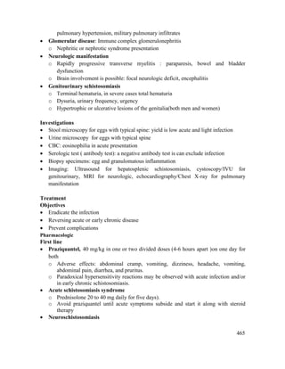 465
pulmonary hypertension, military pulmonary infiltrates
 Glomerular disease: Immune complex glomerulonephritis
o Nephritic or nephrotic syndrome presentation
 Neurologic manifestation
o Rapidly progressive transverse myelitis : paraparesis, bowel and bladder
dysfunction
o Brain involvement is possible: focal neurologic deficit, encephalitis
 Genitourinary schistosomiasis
o Terminal hematuria, in severe cases total hematuria
o Dysuria, urinary frequency, urgency
o Hypertrophic or ulcerative lesions of the genitalia(both men and women)
Investigations
 Stool microscopy for eggs with typical spine: yield is low acute and light infection
 Urine microscopy for eggs with typical spine
 CBC: eosinophilia in acute presentation
 Serologic test ( antibody test): a negative antibody test is can exclude infection
 Biopsy specimens: egg and granulomatous inflammation
 Imaging: Ultrasound for hepatosplenic schistosomiasis, cystoscopy/IVU for
genitourinary, MRI for neurologic, echocardiography/Chest X-ray for pulmonary
manifestation
Treatment
Objectives
 Eradicate the infection
 Reversing acute or early chronic disease
 Prevent complications
Pharmacologic
First line
 Praziquantel, 40 mg/kg in one or two divided doses (4-6 hours apart )on one day for
both
o Adverse effects: abdominal cramp, vomiting, dizziness, headache, vomiting,
abdominal pain, diarrhea, and pruritus.
o Paradoxical hypersensitivity reactions may be observed with acute infection and/or
in early chronic schistosomiasis.
 Acute schistosomiasis syndrome
o Prednisolone 20 to 40 mg daily for five days).
o Avoid praziquantel until acute symptoms subside and start it along with steroid
therapy
 Neuroschistosomiasis
 