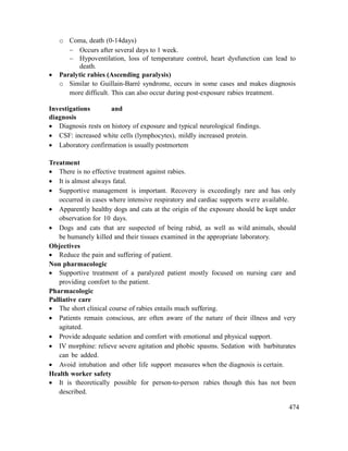 474
o Coma, death (0-14days)
 Occurs after several days to 1 week.
 Hypoventilation, loss of temperature control, heart dysfunction can lead to
death.
 Paralytic rabies (Ascending paralysis)
o Similar to Guillain-Barré syndrome, occurs in some cases and makes diagnosis
more difficult. This can also occur during post-exposure rabies treatment.
Investigations and
diagnosis
 Diagnosis rests on history of exposure and typical neurological findings.
 CSF: increased white cells (lymphocytes), mildly increased protein.
 Laboratory confirmation is usually postmortem
Treatment
 There is no effective treatment against rabies.
 It is almost always fatal.
 Supportive management is important. Recovery is exceedingly rare and has only
occurred in cases where intensive respiratory and cardiac supports were available.
 Apparently healthy dogs and cats at the origin of the exposure should be kept under
observation for 10 days.
 Dogs and cats that are suspected of being rabid, as well as wild animals, should
be humanely killed and their tissues examined in the appropriate laboratory.
Objectives
 Reduce the pain and suffering of patient.
Non pharmacologic
 Supportive treatment of a paralyzed patient mostly focused on nursing care and
providing comfort to the patient.
Pharmacologic
Palliative care
 The short clinical course of rabies entails much suffering.
 Patients remain conscious, are often aware of the nature of their illness and very
agitated.
 Provide adequate sedation and comfort with emotional and physical support.
 IV morphine: relieve severe agitation and phobic spasms. Sedation with barbiturates
can be added.
 Avoid intubation and other life support measures when the diagnosis is certain.
Health worker safety
 It is theoretically possible for person-to-person rabies though this has not been
described.
 