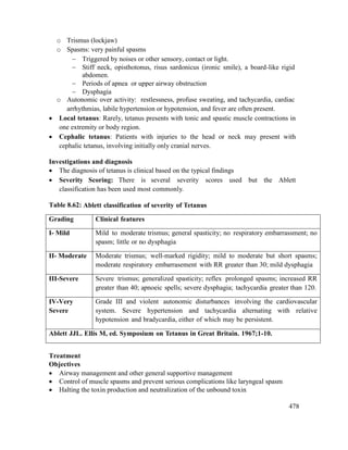 478
o Trismus (lockjaw)
o Spasms: very painful spasms
 Triggered by noises or other sensory, contact or light.
 Stiff neck, opisthotonus, risus sardonicus (ironic smile), a board-like rigid
abdomen.
 Periods of apnea or upper airway obstruction
 Dysphagia
o Autonomic over activity: restlessness, profuse sweating, and tachycardia, cardiac
arrhythmias, labile hypertension or hypotension, and fever are often present.
 Local tetanus: Rarely, tetanus presents with tonic and spastic muscle contractions in
one extremity or body region.
 Cephalic tetanus: Patients with injuries to the head or neck may present with
cephalic tetanus, involving initially only cranial nerves.
Investigations and diagnosis
 The diagnosis of tetanus is clinical based on the typical findings
 Severity Scoring: There is several severity scores used but the Ablett
classification has been used most commonly.
Table 8.62: Ablett classification of severity of Tetanus
Grading Clinical features
I- Mild Mild to moderate trismus; general spasticity; no respiratory embarrassment; no
spasm; little or no dysphagia
II- Moderate Moderate trismus; well-marked rigidity; mild to moderate but short spasms;
moderate respiratory embarrasement with RR greater than 30; mild dysphagia
III-Severe Severe trismus; generalized spasticity; reflex prolonged spasms; increased RR
greater than 40; apnoeic spells; severe dysphagia; tachycardia greater than 120.
IV-Very
Severe
Grade III and violent autonomic disturbances involving the cardiovascular
system. Severe hypertension and tachycardia alternating with relative
hypotension and bradycardia, either of which may be persistent.
Ablett JJL. Ellis M, ed. Symposium on Tetanus in Great Britain. 1967;1-10.
Treatment
Objectives
 Airway management and other general supportive management
 Control of muscle spasms and prevent serious complications like laryngeal spasm
 Halting the toxin production and neutralization of the unbound toxin
 