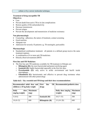 485
culture or by a newer molecular technique.
Treatment of drug susceptible TB
Objectives
 Cure
 Prevent death from active TB or its late complications
 Restore quality of life and productivity
 Decrease transmission
 Prevent relapse
 Prevent the development and transmission of medicine resistance
Non pharmacologic
 Counseling : adherence, the nature of treatment, contact screening
 Good nutrition
 Adequate rest
 Admission for severely ill patients e.g. Tb meningitis, pericarditis
Pharmacologic
 Standardized combination treatment: all patients in a defined group receive the same
treatment regimen.
 A combination of 4 or more anti-TB medicines.
 Directly observed treatment (DOT)
First line anti-TB Medicines
 The first line anti-TB medicines available for TB treatment in Ethiopia are:
o Rifampicin (R): the most bactericidal and potent sterilizing agent
o Isoniazid (H): highly bactericidal especially in the first few days
o Pyrazinamide (Z): only active in acidic environment and bacilli inside
macrophages
o Ethambutol (E): bacteriostatic and effective to prevent drug resistance when
administered with other potent drugs
Table 8.63: The essential anti-TB drugs and their dose recommendations
Recommended adult dose and
children ≥ 25 kg body weight
First line TB
drugs
Recommended pediatric dose
Daily dose
(mg/kg weight)
Maximum
(mg)
Daily dose (mg/kg
weight)
Maximum
(mg)
5 (4-6) 300 Isoniazid (H) 10 (7–15) 300
10 (8-12) 600 Rifampicin (R) 15 (10–20) 600
 
