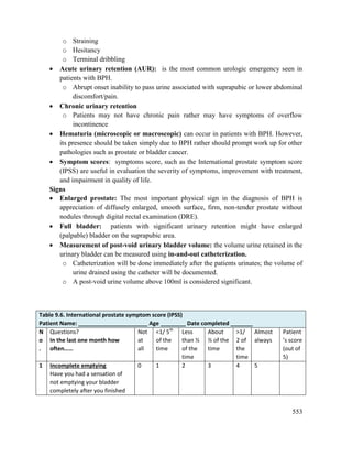 553
o Straining
o Hesitancy
o Terminal dribbling
 Acute urinary retention (AUR): is the most common urologic emergency seen in
patients with BPH.
o Abrupt onset inability to pass urine associated with suprapubic or lower abdominal
discomfort/pain.
 Chronic urinary retention
o Patients may not have chronic pain rather may have symptoms of overflow
incontinence
 Hematuria (microscopic or macroscopic) can occur in patients with BPH. However,
its presence should be taken simply due to BPH rather should prompt work up for other
pathologies such as prostate or bladder cancer.
 Symptom scores: symptoms score, such as the International prostate symptom score
(IPSS) are useful in evaluation the severity of symptoms, improvement with treatment,
and impairment in quality of life.
Signs
 Enlarged prostate: The most important physical sign in the diagnosis of BPH is
appreciation of diffusely enlarged, smooth surface, firm, non-tender prostate without
nodules through digital rectal examination (DRE).
 Full bladder: patients with significant urinary retention might have enlarged
(palpable) bladder on the suprapubic area.
 Measurement of post-void urinary bladder volume: the volume urine retained in the
urinary bladder can be measured using in-and-out catheterization.
o Catheterization will be done immediately after the patients urinates; the volume of
urine drained using the catheter will be documented.
o A post-void urine volume above 100ml is considered significant.
Table 9.6. International prostate symptom score (IPSS)
Patient Name: ______________________ Age ________ Date completed _______
N
o
.
Questions?
In the last one month how
often……
Not
at
all
<1/ 5th
of the
time
Less
than ½
of the
time
About
½ of the
time
>1/
2 of
the
time
Almost
always
Patient
’s score
(out of
5)
1 Incomplete emptying
Have you had a sensation of
not emptying your bladder
completely after you finished
0 1 2 3 4 5
 