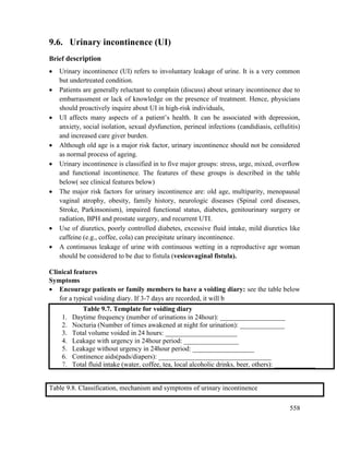 558
9.6. Urinary incontinence (UI)
Brief description
 Urinary incontinence (UI) refers to involuntary leakage of urine. It is a very common
but undertreated condition.
 Patients are generally reluctant to complain (discuss) about urinary incontinence due to
embarrassment or lack of knowledge on the presence of treatment. Hence, physicians
should proactively inquire about UI in high-risk individuals,
 UI affects many aspects of a patient‘s health. It can be associated with depression,
anxiety, social isolation, sexual dysfunction, perineal infections (candidiasis, cellulitis)
and increased care giver burden.
 Although old age is a major risk factor, urinary incontinence should not be considered
as normal process of ageing.
 Urinary incontinence is classified in to five major groups: stress, urge, mixed, overflow
and functional incontinence. The features of these groups is described in the table
below( see clinical features below)
 The major risk factors for urinary incontinence are: old age, multiparity, menopausal
vaginal atrophy, obesity, family history, neurologic diseases (Spinal cord diseases,
Stroke, Parkinsonism), impaired functional status, diabetes, genitourinary surgery or
radiation, BPH and prostate surgery, and recurrent UTI.
 Use of diuretics, poorly controlled diabetes, excessive fluid intake, mild diuretics like
caffeine (e.g., coffee, cola) can precipitate urinary incontinence.
 A continuous leakage of urine with continuous wetting in a reproductive age woman
should be considered to be due to fistula (vesicovaginal fistula).
Clinical features
Symptoms
 Encourage patients or family members to have a voiding diary: see the table below
for a typical voiding diary. If 3-7 days are recorded, it will b
Table 9.7. Template for voiding diary
1. Daytime frequency (number of urinations in 24hour): ___________________
2. Nocturia (Number of times awakened at night for urination): _____________
3. Total volume voided in 24 hours: _____________________
4. Leakage with urgency in 24hour period: ________________
5. Leakage without urgency in 24hour period: __________________
6. Continence aids(pads/diapers): _________________________________
7. Total fluid intake (water, coffee, tea, local alcoholic drinks, beer, others): ____________
Table 9.8. Classification, mechanism and symptoms of urinary incontinence
 