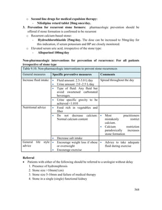 568
o Second line drugs for medical expulsion therapy:
- Nifedipine retard tablet 20mg once/day.
3. Prevention for recurrent stone formers: pharmacologic prevention should be
offered if stone formation is confirmed to be recurrent
o Recurrent calcium-based stone:
- Hydrochlorothiazide 25mg/day. The dose can be increased to 50mg/day for
this indication, if serum potassium and BP are closely monitored.
o Elevated serum uric acid, irrespective of the stone type:
- Allopurinol 100mg/day
Non-pharmacologic interventions for prevention of recurrence: For all patients
irrespective of stone type
Table 9.10. Non-pharmacologic interventions to prevent stone recurrences
General measures Specific preventive measures Comments
Increase fluid intake  Fluid amount: 2.5-3.0 L/day
 Urine amount: 2.0 -2.5 L/day
Spread throughout the day
 Type of fluid: Any fluid but
avoid sweetened carbonated
beverages.
 Urine specific gravity to be
achieved <1.010
Nutritional advice  Food rich in vegetables and
fiber
 Do not decrease calcium:
Normal calcium content
 Most practitioners
mistakenly restrict
calcium.
 Calcium restriction
paradoxically increases
stone formation
 Decrease salt intake
General life style
advice
 Encourage weight loss if obese
or overweight
 Encourage exercise
 Advice to take adequate
fluid during exercise
Referral
 Patients with either of the following should be referred to a urologist without delay
1. Presence of hydronephrosis
2. Stone size >10mm(1cm)
3. Stone size 5-10mm and failure of medical therapy
4. Stone in a single (single) functional kidney
 