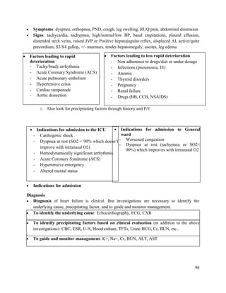 98
 Factors leading to rapid
deterioration
- Tachy/brady arrhythmia
- Acute Coronary Syndrome (ACS)
- Acute pulmonary embolism
- Hypertensive crisis
- Cardiac tamponade
- Aortic dissection
 Factors leading to less rapid deterioration
- Non adherence to drugs/diet or under dosage
- Infections (pneumonia, IE)
- Anemia
- Thyroid disorders
- Pregnancy
- Renal failure
- Drugs (BB, CCB, NSAIDS)
 Indications for admission to the ICU
- Cardiogenic shock
- Dyspnea at rest (SO2 < 90% which doesn‘t
improve with intranasal O2)
- Hemodynamically significant arrhythmia
- Acute Coronary Syndrome (ACS)
- Hypertensive emergency
- Altered mental status
 Indications for admission to General
ward
- Worsened congestion
- Dyspnea at rest (tachypnea or SO2<
90%) which improves with intranasal O2
 Symptoms: dyspnea, orthopnea, PND, cough, leg swelling, RUQ pain, abdominal distension
 Signs: tachycardia, tachypnea, high/normal/low BP, basal crepitations, pleural effusion,
distended neck veins, raised JVP or Positive hepatojugular reflex, displaced AI, active/quite
precordium, S3/S4 gallop, +/- murmurs, tender hepatomegaly, ascites, leg edema
o Also look for precipitating factors through history and P/E
 Indications for admission
Diagnosis
 Diagnosis of heart failure is clinical. But investigations are necessary to identify the
underlying cause, precipitating factor, and to guide and monitor management.
 To identify the underlying cause: Echocardiography, ECG, CXR
 To identify precipitating factors based on clinical evaluation (in addition to the above
investigations): CBC, ESR, U/A, blood culture, TFTs, Urine HCG, Cr, BUN, etc..
 To guide and monitor management: K+, Na+, Cr, BUN, ALT, AST
 