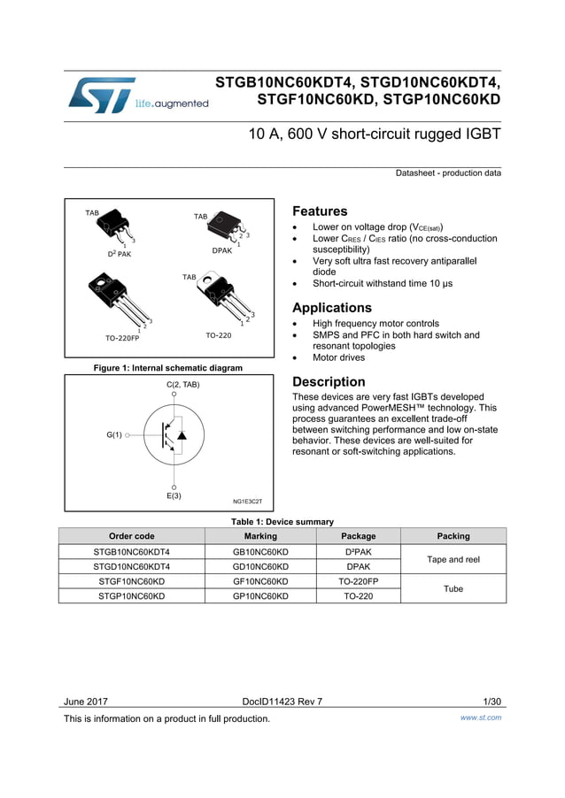 Original N-CHANNEL IGBT GB10NC60KD STGB10NC60KDT4 10A 600V TO-263 New ...