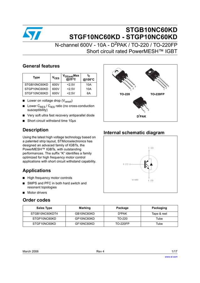 Original MOSFET N-Channel STGF10NC60KD GF10NC60KD 10NC60 10N60 10A 600V ...