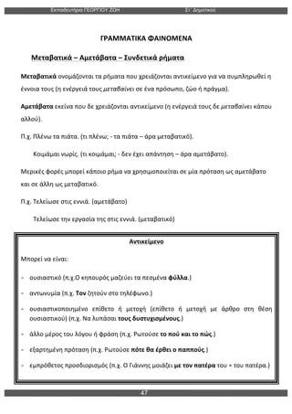 Εκπαιδευτήρια ΓΕΩΡΓΙΟΥ ΖΩΗ Στ΄ Δηµοτικού
47
	
  
	
  	
  	
  	
  	
  	
  	
  	
  	
  	
  	
  	
  	
  	
  	
  	
  	
  	
  	
  	
  	
  	
  	
  	
  	
  	
  	
  	
  	
  	
  	
  	
  	
  	
  	
  	
  	
  	
  	
  ΓΡΑΜΜΑΤΙΚΑ	
  ΦΑΙΝΟΜΕΝΑ	
  
Μεταβατικά	
  –	
  Αμετάβατα	
  –	
  Συνδετικά	
  ρήματα	
  
Μεταβατικά	
  ονομάζονται	
  τα	
  ρήματα	
  που	
  χρειάζονται	
  αντικείμενο	
  για	
  να	
  συμπληρωθεί	
  η	
  
έννοια	
  τους	
  (η	
  ενέργειά	
  τους	
  μεταβαίνει	
  σε	
  ένα	
  πρόσωπο,	
  ζώο	
  ή	
  πράγμα).	
  
Αμετάβατα	
  εκείνα	
  που	
  δε	
  χρειάζονται	
  αντικείμενο	
  (η	
  ενέργειά	
  τους	
  δε	
  μεταβαίνει	
  κάπου	
  
αλλού).	
  	
   	
  
Π.χ.	
  Πλένω	
  τα	
  πιάτα.	
  (τι	
  πλένω;	
  -­‐	
  τα	
  πιάτα	
  –	
  άρα	
  μεταβατικό).	
  
	
  	
  	
  	
  	
  	
  	
  	
  Κοιμάμαι	
  νωρίς.	
  (τι	
  κοιμάμαι;	
  -­‐	
  δεν	
  έχει	
  απάντηση	
  –	
  άρα	
  αμετάβατο).	
  
Μερικές	
  φορές	
  μπορεί	
  κάποιο	
  ρήμα	
  να	
  χρησιμοποιείται	
  σε	
  μία	
  πρόταση	
  ως	
  αμετάβατο	
  
και	
  σε	
  άλλη	
  ως	
  μεταβατικό.	
  
Π.χ.	
  Τελείωσε	
  στις	
  εννιά.	
  (αμετάβατο)	
  
	
  	
  	
  	
  	
  	
  	
  	
  Τελείωσε	
  την	
  εργασία	
  της	
  στις	
  εννιά.	
  (μεταβατικό)	
  
Αντικείμενο	
  
Μπορεί	
  να	
  είναι:	
  
- ουσιαστικό	
  (π.χ.Ο	
  κηπουρός	
  μαζεύει	
  τα	
  πεσμένα	
  φύλλα.)	
  
- αντωνυμία	
  (π.χ.	
  Τον	
  ζητούν	
  στο	
  τηλέφωνο.)	
  
- ουσιαστικοποιημένο	
   επίθετο	
   ή	
   μετοχή	
   (επίθετο	
   ή	
   μετοχή	
   με	
   άρθρο	
   στη	
   θέση	
  
ουσιαστικού)	
  (π.χ.	
  Να	
  λυπάσαι	
  τους	
  δυστυχισμένους.)	
  
- άλλο	
  μέρος	
  του	
  λόγου	
  ή	
  φράση	
  (π.χ.	
  Ρωτούσε	
  το	
  πού	
  και	
  το	
  πώς.)	
  
- εξαρτημένη	
  πρόταση	
  (π.χ.	
  Ρωτούσε	
  πότε	
  θα	
  έρθει	
  ο	
  παππούς.)	
  
- εμπρόθετος	
  προσδιορισμός	
  (π.χ.	
  Ο	
  Γιάννης	
  μοιάζει	
  με	
  τον	
  πατέρα	
  του	
  =	
  του	
  πατέρα.)	
  
 