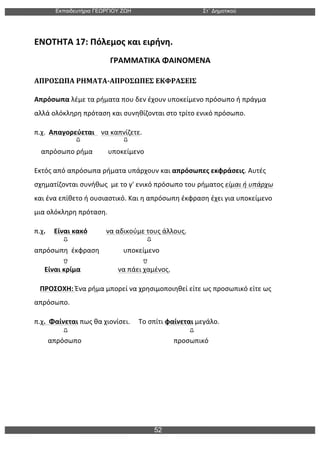 Εκπαιδευτήρια ΓΕΩΡΓΙΟΥ ΖΩΗ Στ΄ Δηµοτικού
52
	
  
ΕΝΟΤΗΤΑ	
  17:	
  Πόλεμος	
  και	
  ειρήνη.	
  
	
  	
  	
  	
  	
  	
  	
  	
  	
  	
  	
  	
  	
  	
  	
  	
  	
  	
  	
  	
  	
  	
  	
  	
  	
  	
  	
  	
  	
  	
  	
  	
  	
  	
  	
  	
  	
  	
  	
  ΓΡΑΜΜΑΤΙΚΑ	
  ΦΑΙΝΟΜΕΝΑ	
  
ΑΠΡΟΣΩΠΑ	
  ΡΗΜΑΤΑ-­‐ΑΠΡΟΣΩΠΕΣ	
  ΕΚΦΡΑΣΕΙΣ	
  
Απρόσωπα	
  λέμε	
  τα	
  ρήματα	
  που	
  δεν	
  έχουν	
  υποκείμενο	
  πρόσωπο	
  ή	
  πράγμα	
  
αλλά	
  ολόκληρη	
  πρόταση	
  και	
  συνηθίζονται	
  στο	
  τρίτο	
  ενικό	
  πρόσωπο.	
  	
  
π.χ.	
  	
  Απαγορεύεται	
  	
  	
  	
  να	
  καπνίζετε.	
  
	
  	
  	
  	
  απρόσωπο	
  ρήμα	
   υποκείμενο	
   	
  
Εκτός	
  από	
  απρόσωπα	
  ρήματα	
  υπάρχουν	
  και	
  απρόσωπες	
  εκφράσεις.	
  Αυτές	
  
σχηματίζονται	
  συνήθως	
  	
  με	
  το	
  γ'	
  ενικό	
  πρόσωπο	
  του	
  ρήματος	
  είμαι	
  ή	
  υπάρχω	
  
και	
  ένα	
  επίθετο	
  ή	
  ουσιαστικό.	
  Και	
  η	
  απρόσωπη	
  έκφραση	
  έχει	
  για	
  υποκείμενο	
  
μια	
  ολόκληρη	
  πρόταση.	
  
π.χ.	
  	
  	
  	
  	
  Είναι	
  κακό	
  	
  	
  	
  	
  	
  	
  	
  	
  	
  	
  να	
  αδικούμε	
  τους	
  άλλους.	
  
απρόσωπη	
  	
  έκφραση	
   	
  	
  	
  	
  	
  	
  	
  	
  	
  υποκείμενο	
  
	
  	
  	
  	
  	
  	
  Είναι	
  κρίμα	
  	
  	
  	
  	
  	
  	
  	
  	
  	
  	
  	
  	
  	
  	
  	
  	
  	
  	
  	
  	
  	
  να	
  πάει	
  χαμένος.	
  
	
   ΠΡΟΣΟΧΗ:	
  Ένα	
  ρήμα	
  μπορεί	
  να	
  χρησιμοποιηθεί	
  είτε	
  ως	
  προσωπικό	
  είτε	
  ως	
  
απρόσωπο.	
  
π.χ.	
  	
  Φαίνεται	
  πως	
  θα	
  χιονίσει.	
  	
  	
  	
  	
  Το	
  σπίτι	
  φαίνεται	
  μεγάλο.	
  
	
  	
  	
  	
  	
  	
  	
  	
  απρόσωπο	
   	
   	
  	
  	
  	
  	
  	
  	
  	
  	
  	
  	
  	
  	
  	
  	
  	
  	
  	
  	
  προσωπικό	
  
 