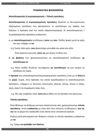 Εκπαιδευτήρια ΓΕΩΡΓΙΟΥ ΖΩΗ Στ΄ Δηµοτικού
56
	
  
	
  	
  	
  	
  	
  	
  	
  	
  	
  	
  	
  	
  	
  	
  	
  	
  	
  	
  	
  	
  	
  	
  	
  	
  	
  	
  	
  	
  	
  	
  	
  	
  	
  	
  	
  	
  	
  	
  	
  ΓΡΑΜΜΑΤΙΚΑ	
  ΦΑΙΝΟΜΕΝΑ	
  
Αποτελεσματικές	
  ή	
  συμπερασματικές	
  –	
  Τελικές	
  προτάσεις	
  
Αποτελεσματικές	
   ή	
   συμπερασματικές	
   προτάσεις	
   λέγονται	
   οι	
   δευτερεύουσες	
  
εξαρτημένες	
   προτάσεις	
   που	
   φανερώνουν	
   το	
   αποτέλεσμα	
   της	
   πράξης	
   που	
  
δηλώνει	
   η	
   πρόταση	
   από	
   την	
   οποία	
   εξαρτώνται(κύρια).	
   Οι	
   αποτελεσματικές	
   /	
  
συμπερασματικές	
  προτάσεις	
  εισάγονται	
  :	
  
α.	
  με	
  αποτελεσματικούς	
  συνδέσμους	
  ώστε	
  και	
  που.	
  Πολλές	
  φορές	
  μετά	
  τα	
  ώστε	
  
και	
  που	
  υπάρχει	
  το	
  να:	
  
	
  π.χ.	
  Έκανε	
  τόσο	
  κρύο,	
  που	
  φορούσαμε	
  μπουφάν	
  και	
  μέσα	
  στο	
  σπίτι.	
  
	
  	
  	
  	
  	
  	
  	
  	
  	
  	
  	
  	
  Ήταν	
  αρκετά	
  ευγενικός,	
  ώστε	
  να	
  μου	
  δώσει	
  τη	
  θέση	
  του.	
  
β.	
   με	
   φράσεις	
   που	
   χρησιμοποιούνται	
   ως	
   αποτελεσματικοί	
   σύνδεσμοι:	
   με	
  
αποτέλεσμα	
  να:	
  
	
  π.χ.	
   Κάνω	
   πολλές	
   δουλειές	
   ταυτόχρονα,	
   με	
   αποτέλεσμα	
   να	
   μην	
   μπορώ	
   να	
  	
  	
  	
  	
  
αποδώσω	
  σε	
  καμία.	
  
Η	
  άρνηση	
  στις	
  αποτελεσματικές/συμπερασματικές	
  προτάσεις	
  είναι	
  με	
  το	
  δε(ν)	
  ή	
  
το	
   μη(ν).	
   Συχνά,	
   στην	
   πρόταση	
   την	
   οποία	
   προσδιορίζουν	
   οι	
   αποτελεσματικές	
  
προτάσεις,	
   υπάρχουν	
   οι	
   δεικτικές	
   αντωνυμίες	
   τέτοιος,	
   τέτοια,	
   τέτοιο	
   ή	
   τόσος,	
  
τόση,	
  τόσο	
  ή	
  τα	
  επιρρήματα	
  τόσο,	
  έτσι.	
  
	
  	
  π.χ.	
  Με	
  είχε	
  ενοχλήσει	
  τόσο,	
  ώστε	
  να	
  μη	
  θέλω	
  να	
  τον	
  ξαναδώ	
  στα	
  μάτια	
  μου.	
  
Τελικές	
  προτάσεις	
  
Όταν	
  θέλουμε	
  να	
  δείξουμε	
  για	
  ποιο	
  σκοπό	
  γίνεται	
  κάτι,	
  χρησιμοποιούμε	
  τελικές	
  
προτάσεις.	
  Αυτές	
  εισάγονται	
  με	
  έναν	
  από	
  τους	
  τελικούς	
  συνδέσμους	
  (	
  για	
  να,	
  
να)	
  και	
  το	
  ρήμα	
  που	
  ακολουθεί	
  είναι	
  πάντα	
  στην	
  υποτακτική	
  έγκλιση.	
  
Κυρίως	
  μετά	
  από	
  ρήματα	
  που	
  δείχνουν	
  κίνηση,	
  οι	
  τελικές	
  προτάσεις	
  εισάγονται	
  	
  
με	
  να:	
  	
  
π.χ.	
  Τρέχω	
  να	
  προλάβω	
  τον	
  Ορέστη.	
  	
  
 
