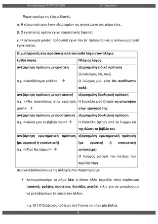 Εκπαιδευτήρια ΓΕΩΡΓΙΟΥ ΖΩΗ Στ΄ Δηµοτικού
4
	
  
	
  	
  	
  	
  	
  	
  	
  Παρατηρούμε	
  τις	
  εξής	
  αλλαγές:	
  
α.	
  Η	
  κύρια	
  πρόταση	
  έγινε	
  εξαρτημένη	
  ως	
  αντικείμενο	
  στο	
  ρήμα	
  είπε.	
  
β.	
  Ο	
  ενεστώτας	
  αρέσει	
  έγινε	
  παρατατικός	
  (άρεσε).	
  
γ.	
  Η	
  αντωνυμία	
  μου(α΄	
  πρόσωπο)	
  έγινε	
  του	
  (γ΄	
  πρόσωπο)	
  και	
  η	
  αντωνυμία	
  αυτό	
  
έγινε	
  εκείνο.	
  
Οι	
  μετατροπές	
  στις	
  προτάσεις	
  από	
  τον	
  ευθύ	
  λόγο	
  στον	
  πλάγιο	
  
Ευθύς	
  λόγος	
   Πλάγιος	
  λόγος	
  
ανεξάρτητη	
  πρόταση	
  με	
  οριστική	
  
	
  
π.χ.	
  <<Αισθάνομαι	
  καλά>>	
  	
  	
  	
  	
  à	
  	
  
εξαρτημένη	
  ειδική	
  πρόταση	
  	
  
(σύνδεσμοι;	
  ότι,	
  πως)	
  
Ο	
   Γιώργος	
   μου	
   είπε	
   ότι	
   αισθάνεται	
  
καλά.	
  
ανεξάρτητη	
  πρόταση	
  με	
  υποτακτική	
  
π.χ.	
   <<Να	
   απαντήσεις	
   στην	
   ερώτησή	
  
μου>>	
  	
  	
  à	
  	
  
εξαρτημένη	
  βουλητική	
  πρόταση	
  
Η	
  δασκάλα	
  μού	
  ζήτησε	
  να	
  απαντήσω	
  
στην	
  	
  ερώτησή	
  της.	
  
ανεξάρτητη	
  πρόταση	
  με	
  προστακτική	
  
π.χ.	
  <<Δώσε	
  μου	
  το	
  βιβλίο	
  σου>>	
  à	
  
εξαρτημένη	
  βουλητική	
  πρόταση	
  	
  
Η	
  δασκάλα	
  ζήτησε	
  από	
  το	
  Γιώργο	
  να	
  
της	
  δώσει	
  το	
  βιβλίο	
  του.	
  
ανεξάρτητη	
   ερωτηματική	
   πρόταση	
  
(με	
  οριστική	
  ή	
  υποτακτική)	
  
π.χ.	
  <<Πού	
  θα	
  πάμε;>>	
  	
  à	
  	
  
εξαρτημένη	
   ερωτηματική	
   πρόταση	
  
(με	
   οριστική	
   ή	
   υποτακτική	
  
αντίστοιχα)	
  
Ο	
   Γιώργος	
   ρώτησε	
   τον	
   πατέρα	
   του	
  
πού	
  θα	
  πάνε.	
  
Ας	
  ανακεφαλαιώσουμε	
  τις	
  αλλαγές	
  που	
  παρατηρούμε:	
  
• Χρησιμοποιούμε	
   το	
   ρήμα	
   λέει	
   ή	
   όποιο	
   άλλο	
   ταιριάζει	
   στην	
   περίπτωση	
  
(απαντά,	
  γράφει,	
  προτείνει,	
  διστάζει,	
  ρωτάει	
  κτλ.),	
  για	
  να	
  μπορέσουμε	
  
να	
  μεταφέρουμε	
  τα	
  λόγια	
  του	
  άλλου:	
  
	
  
π.χ.	
  (3΄)	
  Ο	
  Στέφανος	
  πρότεινε	
  στο	
  Γιάννη	
  να	
  πάνε	
  μία	
  βόλτα.	
  
 