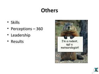 Others
•
•
•
•

Skills
Perceptions – 360
Leadership
Results

 
