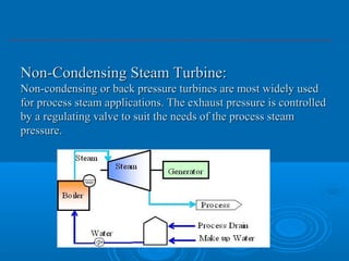 Non-Condensing Steam Turbine:Non-Condensing Steam Turbine:
Non-condensing or back pressure turbines are most widely usedNon-condensing or back pressure turbines are most widely used
for process steam applications. The exhaust pressure is controlledfor process steam applications. The exhaust pressure is controlled
by a regulating valve to suit the needs of the process steamby a regulating valve to suit the needs of the process steam
pressure.pressure.
 