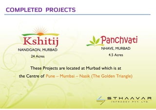 COMPLETED PROJECTS




   NANDGAON, MURBAD                          NHAVE, MURBAD

         24 Acres                                4.5 Acres


        These Projects are located at Murbad which is at
   the Centre of Pune – Mumbai – Nasik (The Golden Triangle)
 