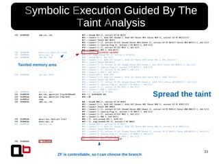 33
● Symbolic Execution Guided By The
Taint Analysis
ZF is controllable, so I can choose the branch
Tainted memory area
Spread the taint
 
