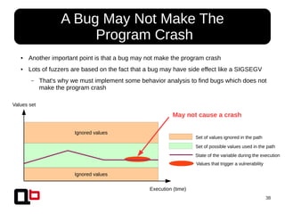 38
Ignored values
Ignored values
● A Bug May Not Make The
Program Crash
Values set
Execution (time)
Set of values ignored in the path
Set of possible values used in the path
State of the variable during the execution
Values that trigger a vulnerability
● Another important point is that a bug may not make the program crash
● Lots of fuzzers are based on the fact that a bug may have side effect like a SIGSEGV
– That's why we must implement some behavior analysis to find bugs which does not
make the program crash
May not cause a crash
 