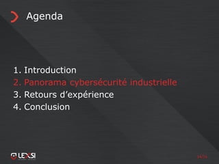 14/55
Agenda
1. Introduction
2. Panorama cybersécurité industrielle
3. Retours d’expérience
4. Conclusion
 