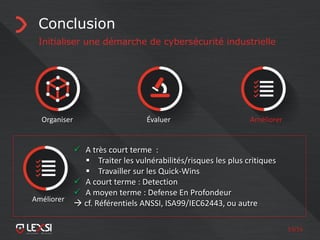 53/55
Conclusion
Initialiser une démarche de cybersécurité industrielle
Organiser Évaluer
Améliorer
 A très court terme :
 Traiter les vulnérabilités/risques les plus critiques
 Travailler sur les Quick-Wins
 A court terme : Detection
 A moyen terme : Defense En Profondeur
 cf. Référentiels ANSSI, ISA99/IEC62443, ou autre
Améliorer
 
