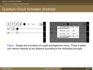 Quantum computing in practice
Quantum computing simulations & tools
Quantum Circuit Simulator (Android)
Figure : Design and simulation of a qubit entanglement circuit. Those 2 qubits
can interact instantly at any distance according to the nonlocality principle.
Renaud Lifchitz Sthack, March 27, 2015 36 / 67
 