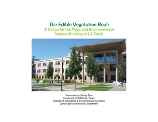 The Edible Vegetative Roof:
A Design for the Plant and Environmental
      Sciences Building at UC Davis




                 Presented by Sandy Thai
              University of California, Davis
     College of Agriculture & Environmental Sciences
           Landscape Architecture Department
 