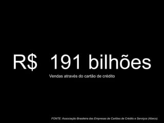 R$ 191 bilhõesVendas através do cartão de crédito
FONTE: Associação Brasileira das Empresas de Cartões de Crédito e Serviços (Abecs).
 