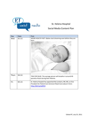 
	
  




                                                                            St.	
  Helena	
  Hospital	
  
                                                                    Social	
  Media	
  Content	
  Plan	
  
                                                                     	
  
	
  
Day	
            Date	
       Post	
  
Wed.	
  	
  	
   8.3.11	
     WEIRD	
  HEALTH	
  FACT:	
  Babies	
  start	
  dreaming	
  even	
  before	
  they	
  are	
  
                              born.	
  




                                                                                                                        	
  
Thurs.	
       8.4.11	
  
                              TRUE	
  OR	
  FALSE:	
  The	
  average	
  person	
  will	
  breathe	
  in	
  around	
  40	
  
                              pounds	
  of	
  dust	
  during	
  their	
  lifetime.	
  

Fri.	
         8.5.11	
       St.	
  Helena	
  Hospital	
  has	
  appointed	
  Nia	
  Lendaris,	
  RN,	
  MS,	
  as	
  Vice	
  
                              President	
  for	
  Patient	
  Care	
  Services!	
  Read	
  more	
  about	
  it	
  here:	
  
                              http://bit.ly/odIFE4	
  	
  
                              	
  




                                                                                                            Edited	
  RT,	
  July	
  25,	
  2011	
  
 