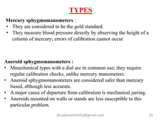 drsudeeshshetty@gmail.com 25
Aneroid sphygmomanometers :
• Mmechanical types with a dial are in common use; they require
regular calibration checks, unlike mercury manometers.
• Aneroid sphygmomanometers are considered safer than mercury
based, although less accurate.
• A major cause of departure from calibration is mechanical jarring.
• Aneroids mounted on walls or stands are less susceptible to this
particular problem.
Mercury sphygmomanometers :
• They are considered to be the gold standard.
• They measure blood pressure directly by observing the height of a
column of mercury; errors of calibration cannot occur
TYPES
 