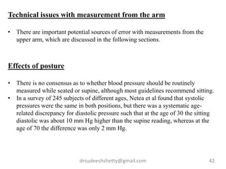 drsudeeshshetty@gmail.com 42
Technical issues with measurement from the arm
• There are important potential sources of error with measurements from the
upper arm, which are discussed in the following sections.
Effects of posture
• There is no consensus as to whether blood pressure should be routinely
measured while seated or supine, although most guidelines recommend sitting.
• In a survey of 245 subjects of different ages, Netea et al found that systolic
pressures were the same in both positions, but there was a systematic age-
related discrepancy for diastolic pressure such that at the age of 30 the sitting
diastolic was about 10 mm Hg higher than the supine reading, whereas at the
age of 70 the difference was only 2 mm Hg.
 