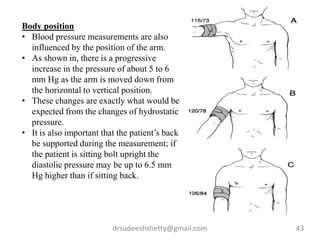drsudeeshshetty@gmail.com 43
Body position
• Blood pressure measurements are also
influenced by the position of the arm.
• As shown in, there is a progressive
increase in the pressure of about 5 to 6
mm Hg as the arm is moved down from
the horizontal to vertical position.
• These changes are exactly what would be
expected from the changes of hydrostatic
pressure.
• It is also important that the patient’s back
be supported during the measurement; if
the patient is sitting bolt upright the
diastolic pressure may be up to 6.5 mm
Hg higher than if sitting back.
 