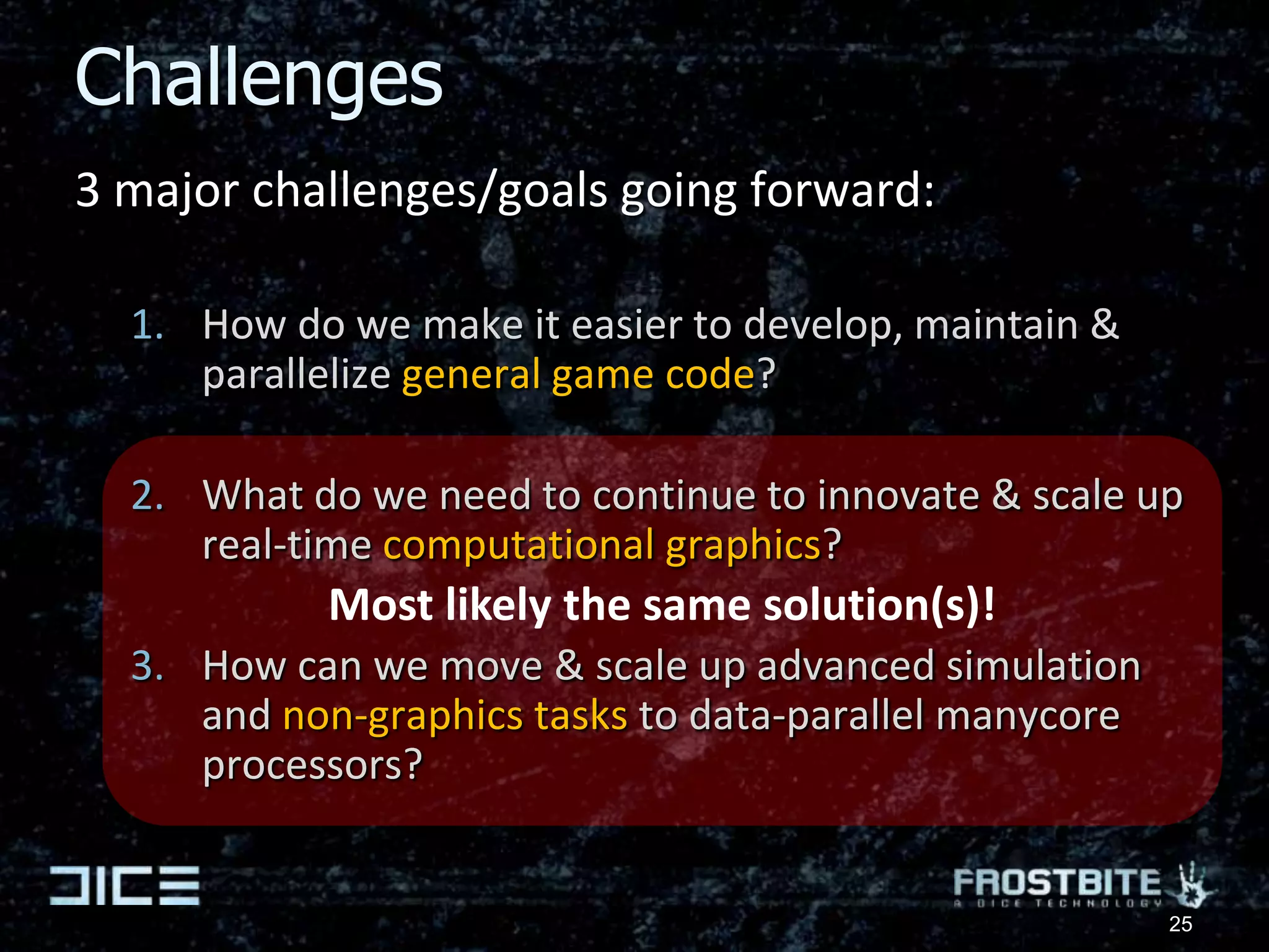 Rendering jobsRendering systems are heavily divided up into CPU-& SPU-jobsJobs:Terrain geometry [3]Undergrowth generation [2]Decal projection [4]Particle simulationFrustum cullingOcclusion cullingOcclusion rasterizationCommand buffer generation [6]PS3: Triangle culling [6]Most will move to GPUEventually.. A few have already!PC CPU<->GPU latency wall Mostly one-way data flow18