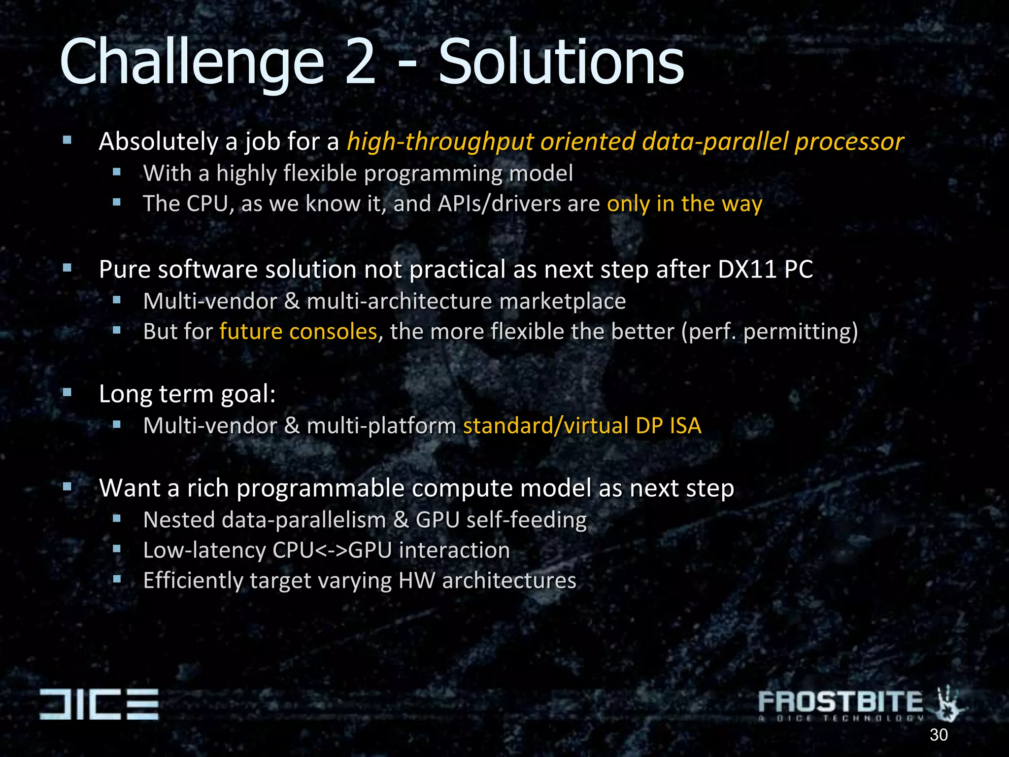 Shader typesGenerated shaders [1]Graph-based surface shadersTreated as content, not codeArtist createdGenerates HLSL codeUsed by all meshes and 3d surfacesGraphics / Compute kernelsHand-coded & optimized HLSLStatically linked in with C++Pixel- & compute-shadersLighting, post-processing & special effectsGraph-based surface shader in FrostEd 223