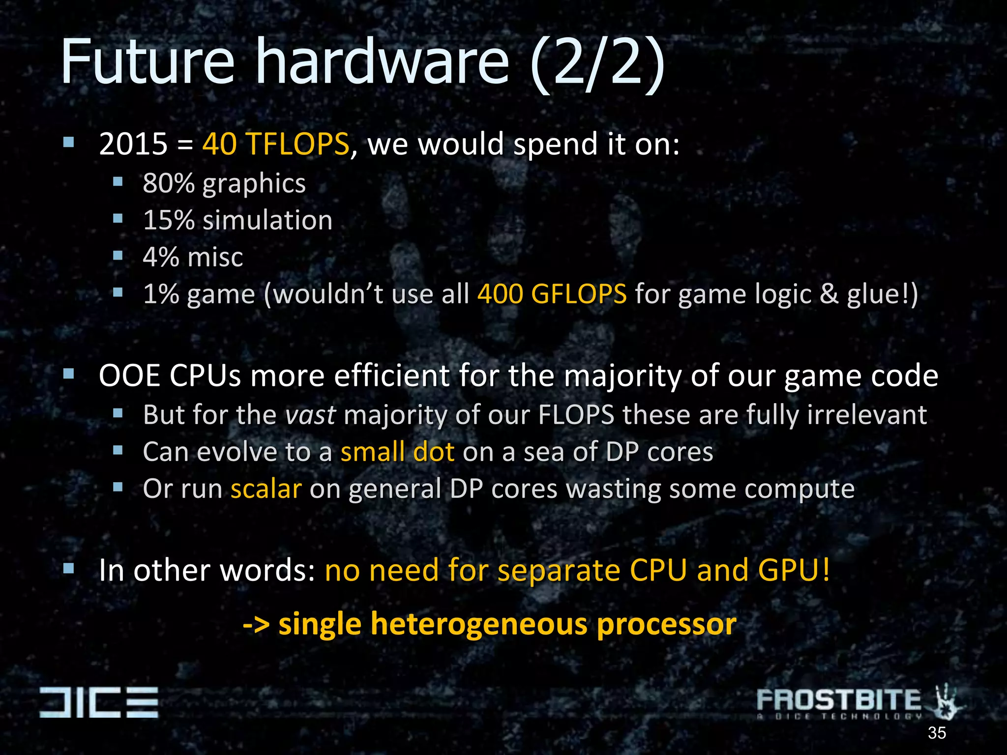 Challenge 2 - Definition”Real-time interactive graphics & simulation at Pixar level of quality”Needed visual features:Complete anti-aliasing + natural motion blur & DOFGlobal indirect lighting & reflectionsSub-pixel geometryOITHuge improvements in character animationThese require massively more compute, BW and improved model!(animation can’t be solved with just more/better compute, so pretend it doesn’t exist for now)28