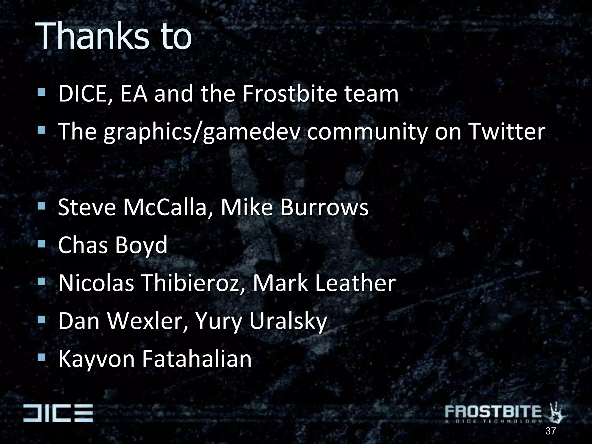 Challenge 2 - SolutionsAbsolutely a job for a high-throughput oriented data-parallel processorWith a highly flexible programming modelThe CPU, as we know it, and APIs/drivers are only in the wayPure software solution not practical as next step after DX11 PC Multi-vendor & multi-architecture marketplaceBut for future consoles, the more flexible the better (perf. permitting)Long term goal: Multi-vendor & multi-platform standard/virtual DP ISAWant a rich programmable compute model as next stepNested data-parallelism & GPU self-feedingLow-latency CPU<->GPU interactionEfficiently target varying HW architectures30