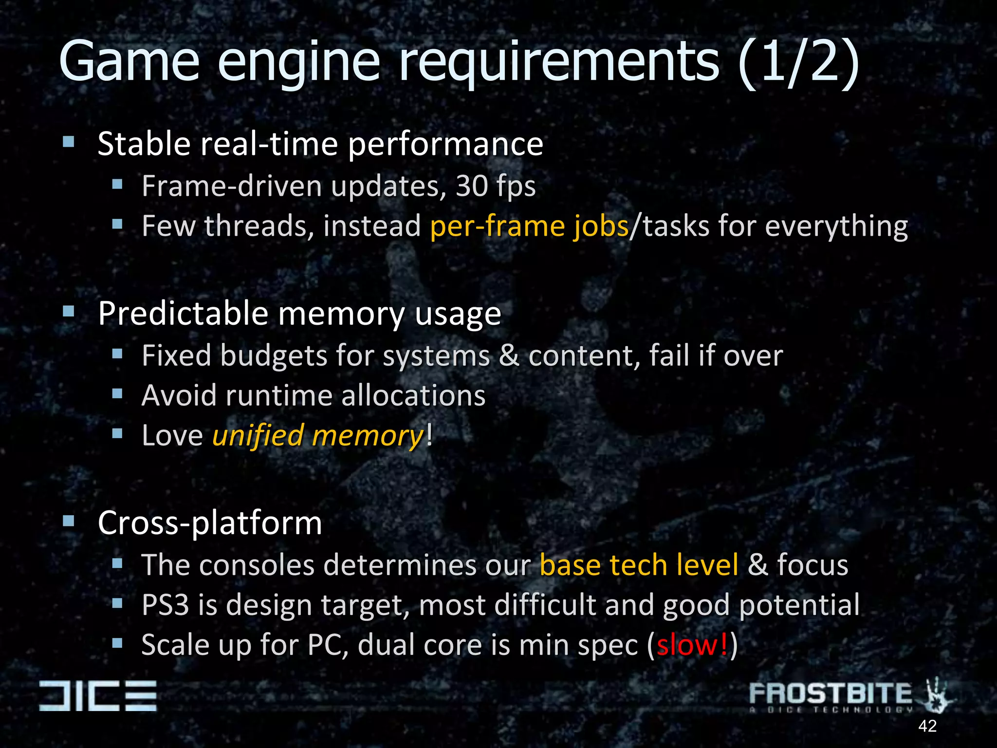 Future hardware (2/2)2015 = 40 TFLOPS, we would spend it on:80% graphics15% simulation4% misc1% game (wouldn’t use all 400 GFLOPS for game logic & glue!)OOE CPUs more efficient for the majority of our game codeBut for the vast majority of our FLOPS these are fully irrelevantCan evolve to a small dot on a sea of DP coresOr run scalar on general DP cores wasting some computeIn other words: no need for separate CPU and GPU!35-> single heterogeneous processor