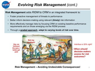 Evolving Risk Management (cont.)
Risk Management adds RIDM to CRM in an integrated framework to:
  • Foster proactive management of threats to performance
  • Better inform decision-making using relevant (timely) risk information
  • More effectively manage risks by focusing CRM on existing baseline performance
    requirements and on those emerging via the RIDM process
  • Through a graded approach, adapt to varying levels of risk over time.



                       Not my
                      problem!                       Too funny!
         Hey, we                                                         Interface is 50% right!
        followed                                   Huh?
       the spec, I
        better get
                                                                         When should
          paid                                                           decision makers
                                                                         assess for risk
                                                                         outcomes?




          Risk Management – Avoiding Undesirable Consequences!                             7
 