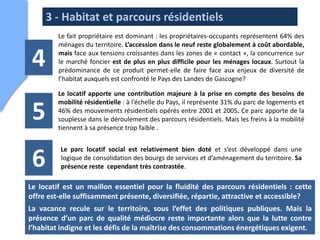 3 - Habitat et parcours résidentiels
         Le fait propriétaire est dominant : les propriétaires-occupants représentent 64% des
         ménages du territoire. L’accession dans le neuf reste globalement à coût abordable,

 4       mais face aux tensions croissantes dans les zones de « contact », la concurrence sur
         le marché foncier est de plus en plus difficile pour les ménages locaux. Surtout la
         prédominance de ce produit permet-elle de faire face aux enjeux de diversité de
         l’habitat auxquels est confronté le Pays des Landes de Gascogne?

         Le locatif apporte une contribution majeure à la prise en compte des besoins de
         mobilité résidentielle : à l’échelle du Pays, il représente 31% du parc de logements et

 5       46% des mouvements résidentiels opérés entre 2001 et 2005. Ce parc apporte de la
         souplesse dans le déroulement des parcours résidentiels. Mais les freins à la mobilité
         tiennent à sa présence trop faible .


         Le parc locatif social est relativement bien doté et s’est développé dans une

 6       logique de consolidation des bourgs de services et d’aménagement du territoire. Sa
         présence reste cependant très contrastée.

Le locatif est un maillon essentiel pour la fluidité des parcours résidentiels : cette
offre est-elle suffisamment présente, diversifiée, répartie, attractive et accessible?
La vacance recule sur le territoire, sous l’effet des politiques publiques. Mais la
présence d’un parc de qualité médiocre reste importante alors que la lutte contre
l’habitat indigne et les défis de la maîtrise des consommations énergétiques exigent.
                                                                                 24
 