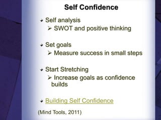 Self Confidence
Self analysis
 SWOT and positive thinking
Set goals
 Measure success in small steps
Start Stretching
 Increase goals as confidence
builds
Building Self Confidence
(Mind Tools, 2011)
 