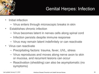 25
Genital Herpes: Infection
• Initial infection
– Virus enters through microscopic breaks in skin
• Establishes chronic infection
– Virus becomes latent in nerves cells along spinal cord
– Infection persists despite immune response
– Virus may remain latent indefinitely or can reactivate
• Virus can reactivate
– Precipitating factors: trauma, fever, UVL, stress
– Virus reproduces and moves along nerve axon to skin
or mucosa, and recurrent lesions can occur
– Reactivation (shedding) can also be asymptomatic (no
symptoms)
Infectious Disease Prevention and Health Services BureauLast updated January 31, 2018
 