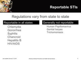 Reportable STIs
Regulations vary from state to state
Last updated January 31, 2018 Infectious Disease Prevention and Health Services Bureau 6
Chlamydia
Gonorrhea
Syphilis
Chancroid
Hepatitis B
HIV/AIDS
Reportable in all states
Human Papillomavirus
Genital herpes
Trichomoniasis
Generally not reportable
 