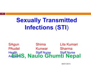 1

Sexually Transmitted
Infections (STI)
SAgun
PAudel

Shima
Kunwar

Lila Kumari
Sharma

Health
Assistant

Staff Nurse

Staff Nurse

EIHS, Naulo Ghumti Nepal
08/01/2014

 