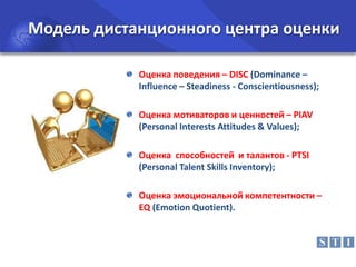 Модель дистанционного центра оценки
Оценка поведения – DISC (Dominance –
Influence – Steadiness - Conscientiousness);
Оценка мотиваторов и ценностей – PIAV
(Personal Interests Attitudes & Values);
Оценка способностей и талантов - PTSI
(Personal Talent Skills Inventory);

Оценка эмоциональной компетентности –
EQ (Emotion Quotient).

 