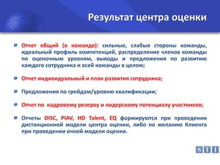 Результат центра оценки
Отчет общий (о команде): сильные, слабые стороны команды,
идеальный профиль компетенций, распределение членов команды
по оценочным уровням, выводы и предложения по развитию
каждого сотрудника и всей команды в целом;
Отчет индивидуальный и план развития сотрудника;
Предложения по грейдам/уровню квалификации;
Отчет по кадровому резерву и лидерскому потенциалу участников;
Отчеты DISC, PIAV, HD Talent, EQ формируются при проведении
дистанционной модели центра оценки, либо по желанию Клиента
при проведении очной модели оценки.

 