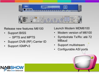 Release new features M6100
• Support BISS
– SPTS and MPTS
• Support DVB (RF) Carrier ID
• Support IGMPv3
Launch Modem MDM6100
• Modem version of M6100
• Symbolrate Tx/Rx: até 72
MBaud
• Support multistream
• Configurable ASI ports
 